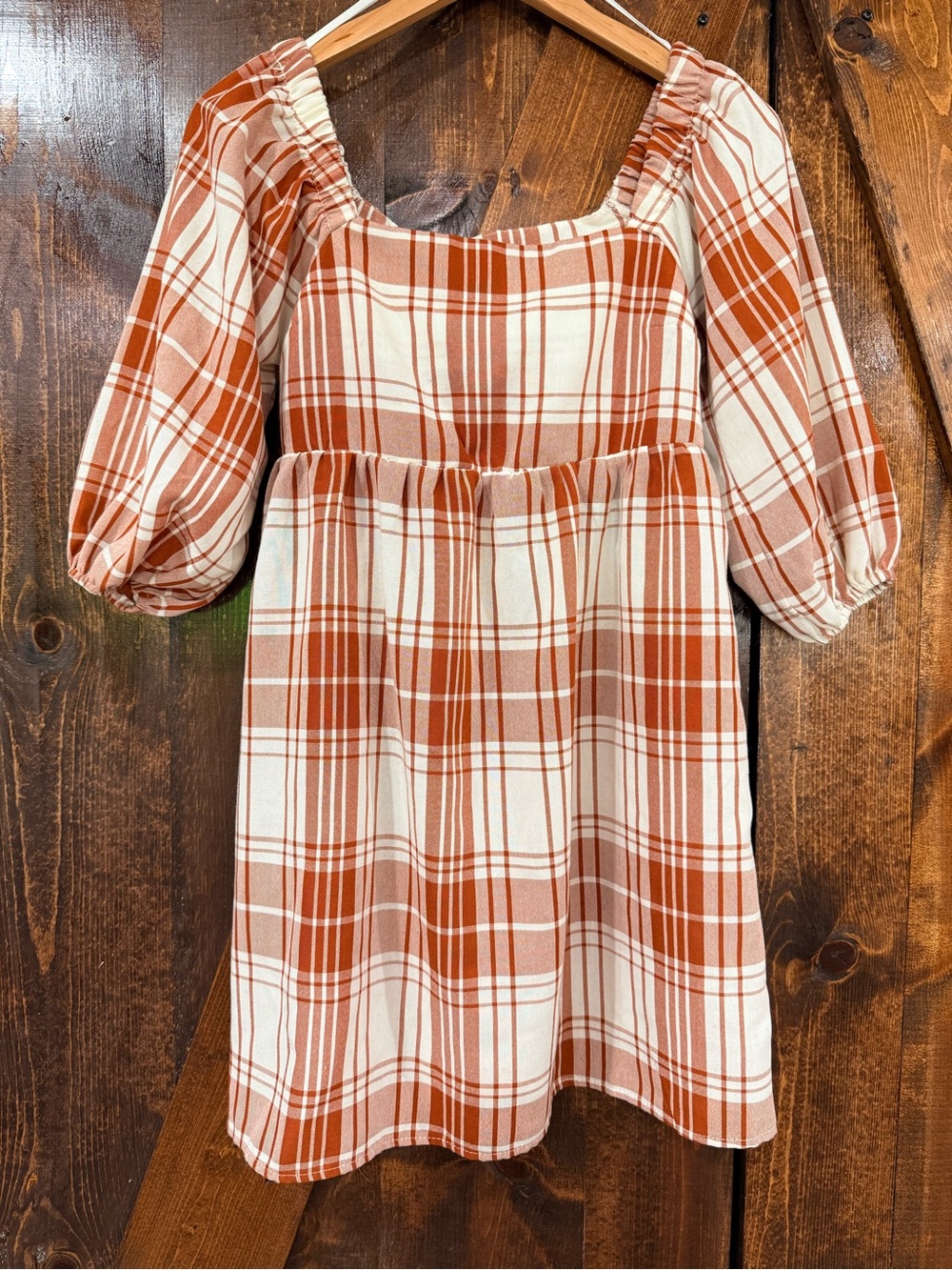 Plaid Square-Neck Mini Dress in Rust and Cream